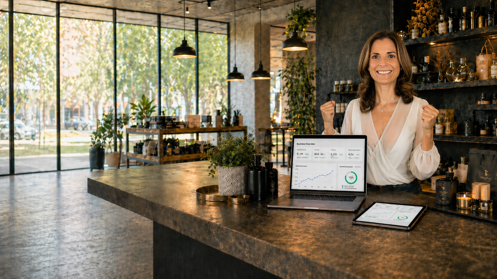 Smiling small business owner celebrating with raised fists behind her shop counter, laptop showing a business growth dashboard
